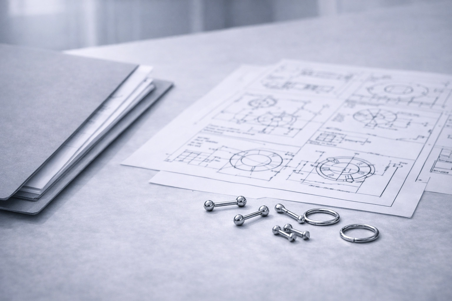 Technical specification documents and titanium jewelry samples arranged neatly on a desk