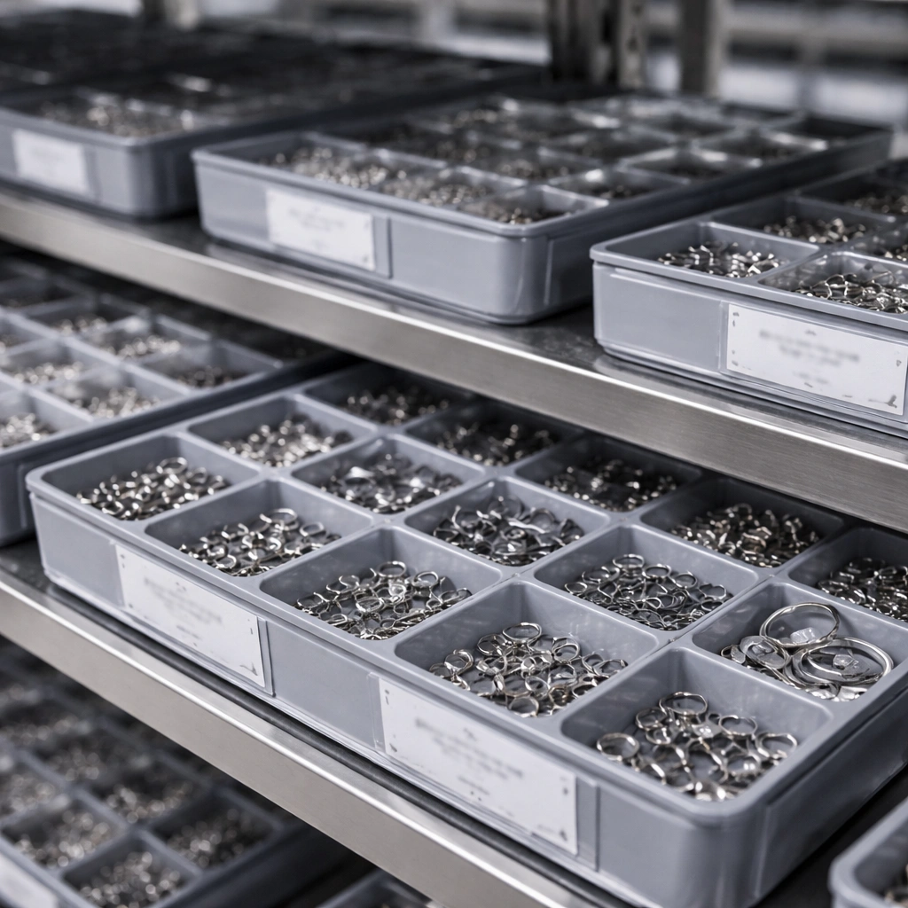 Organized inventory trays containing titanium piercing jewelry components