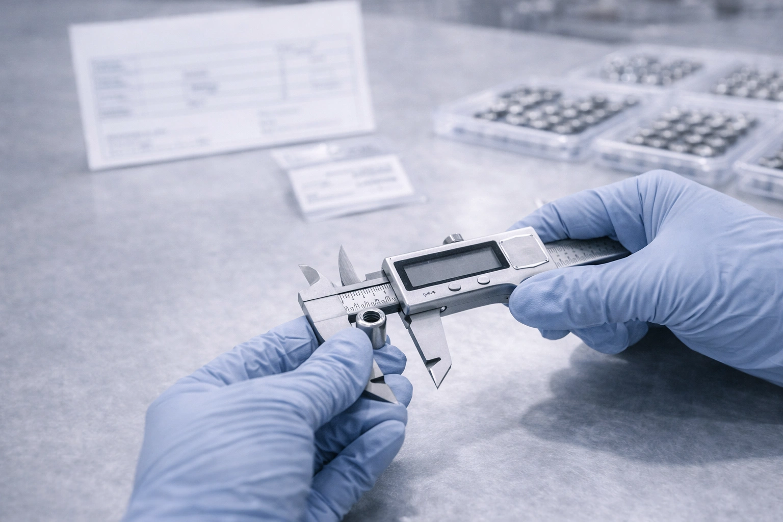 Gloved hands measuring a titanium piercing component with a digital caliper